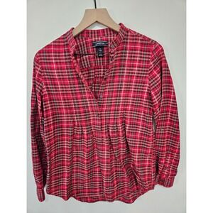 Lands End Red Plaid Metallic Shimmer Pintuck Tunic Blouse Womens 6 Long Sleeve